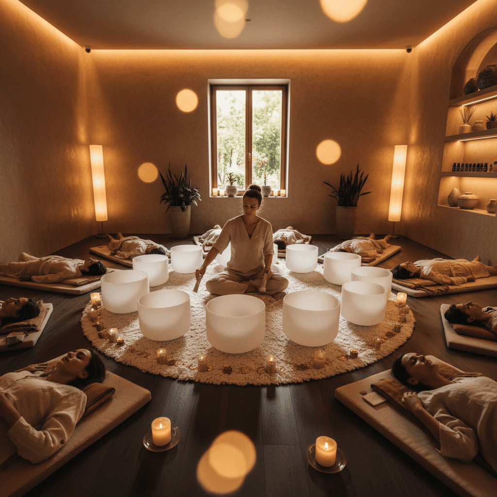 Larissa Steinbach from Soul Art Dubai demonstrating the calming effects of beautifully designed wind chimes in a sound therapy session, promoting deep relaxation and wellbeing through resonant frequencies.
