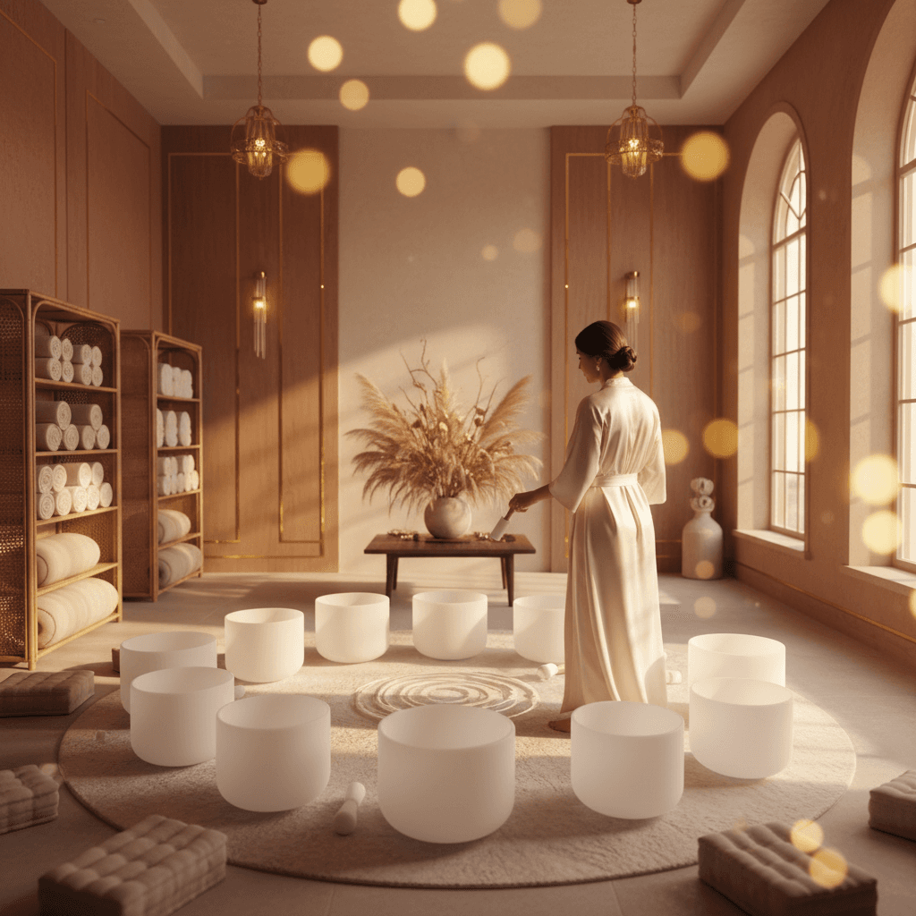 A tranquil scene with gentle breeze, evoking Air Element healing, featuring subtle sound waves, representing Soul Art and Larissa Steinbach's unique approach to sound wellness.