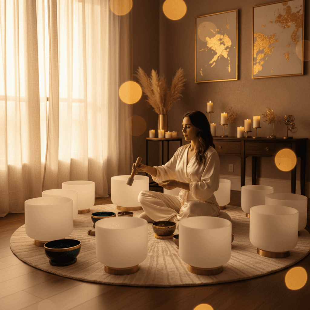 A tranquil scene depicting a woman meditating with crystal singing bowls, bathed in soft, warm light, representing Soul Art and Larissa Steinbach's approach to enhancing winter immunity through sound wellness in Dubai.