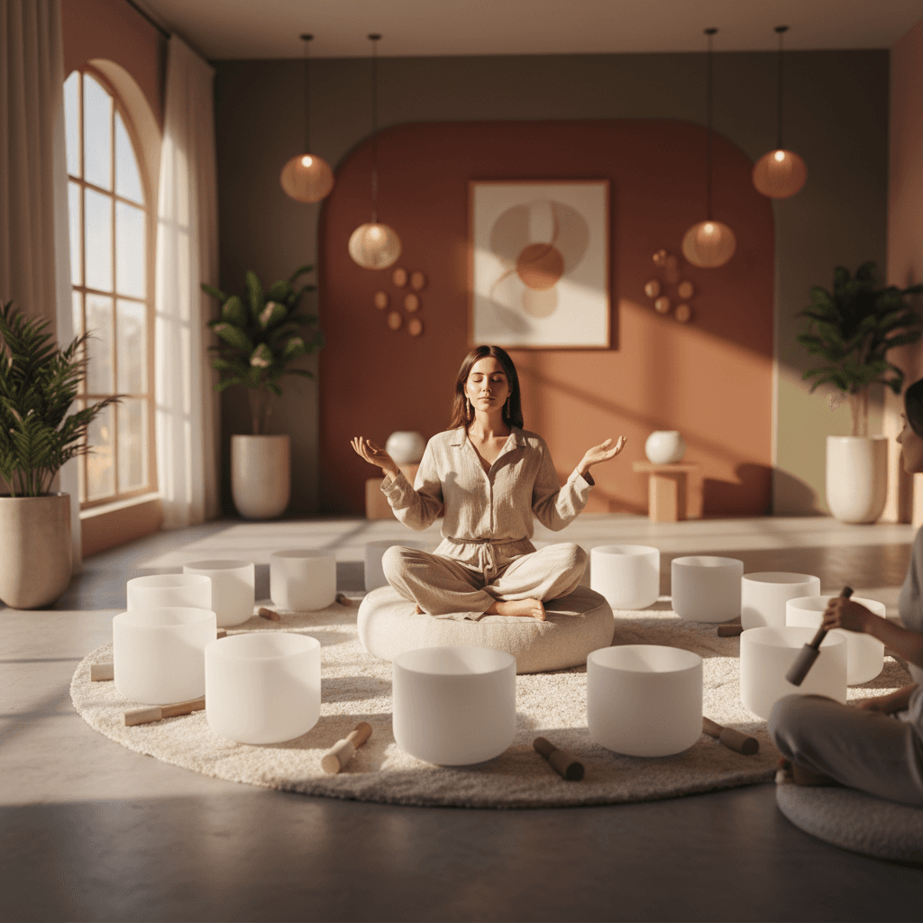 A tranquil scene depicting the gentle glow of dawn during winter, with a subtle aura of sound waves, embodying Soul Art's mission. Larissa Steinbach's studio offers profound sound wellness experiences.