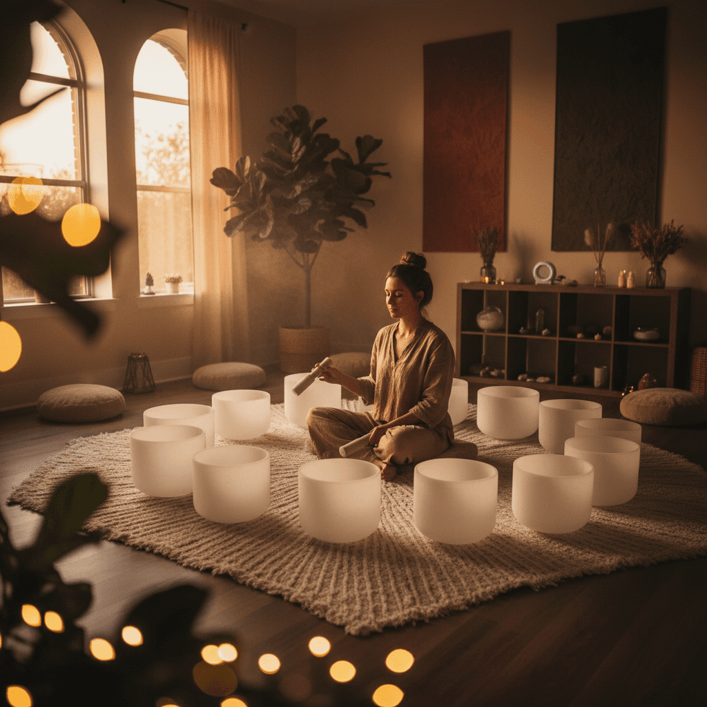 Larissa Steinbach guides a sound wellness session at Soul Art Dubai, with crystal singing bowls creating calming vibrations for cultivating witness consciousness and observer state meditation.