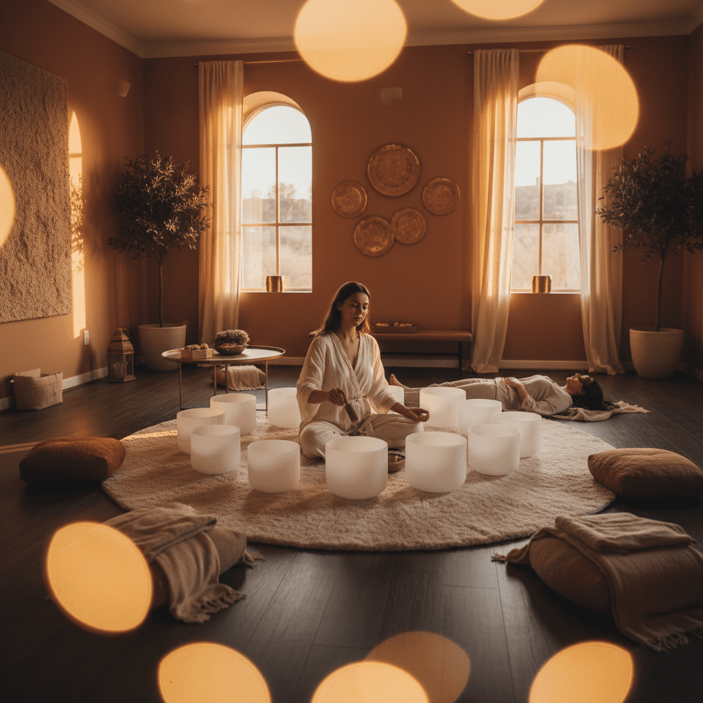 A woman in a leadership role looking focused and calm, with a subtle aura of sound waves, symbolizing the support from Soul Art and Larissa Steinbach's sound wellness practices.