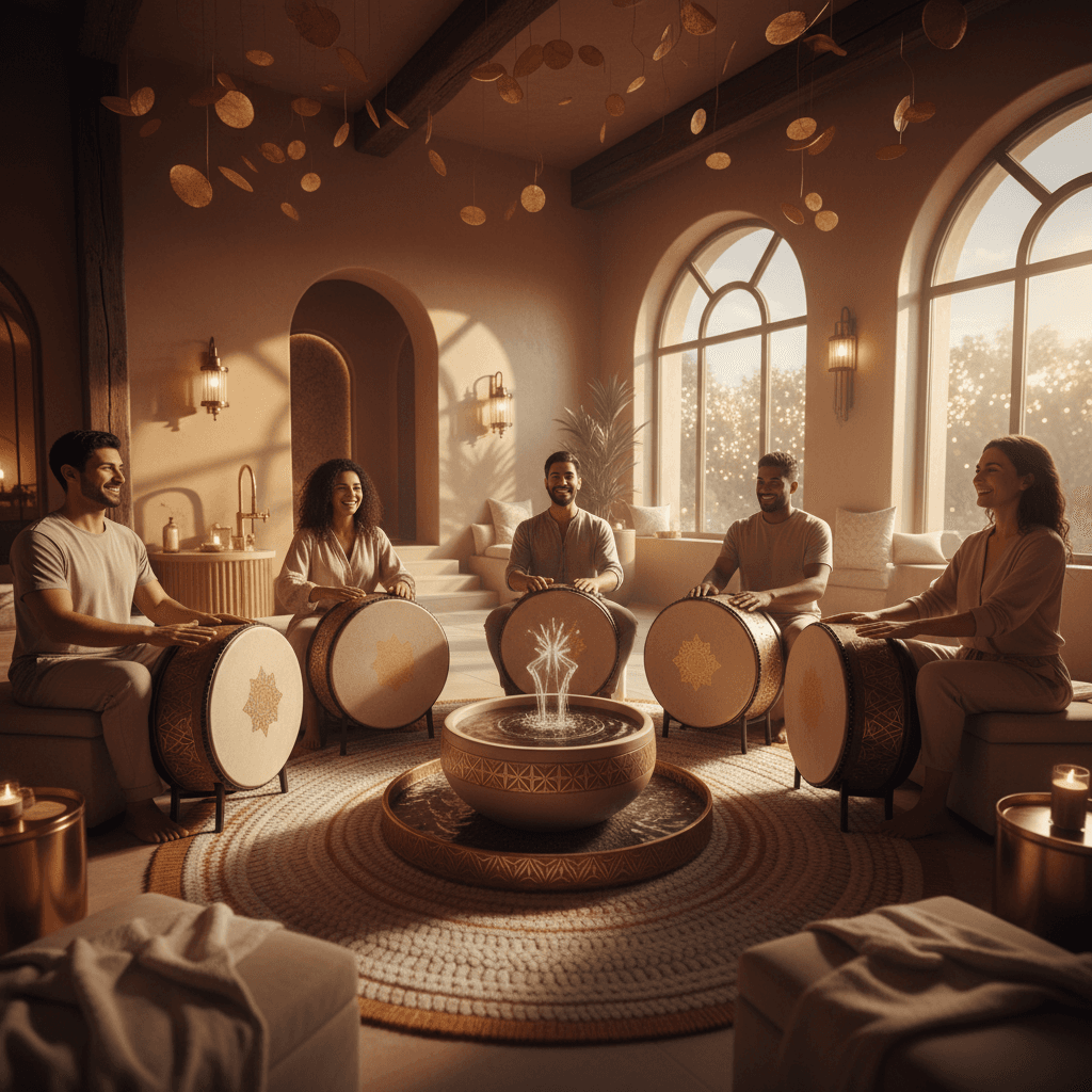 A serene image of a diverse group of women seated in a calming women's circle, surrounded by shimmering crystal singing bowls and gongs during a sound healing session led by Larissa Steinbach at Soul Art Dubai. The setting emphasizes holistic wellness, community, and deep relaxation.