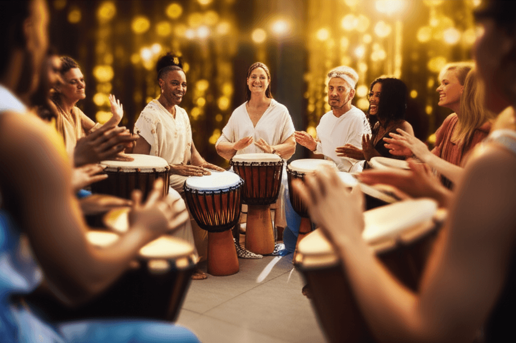A diverse group of women engaging in a deeply relaxing group sound healing session with singing bowls and gongs at Soul Art, led by founder Larissa Steinbach, promoting holistic wellness and connection.