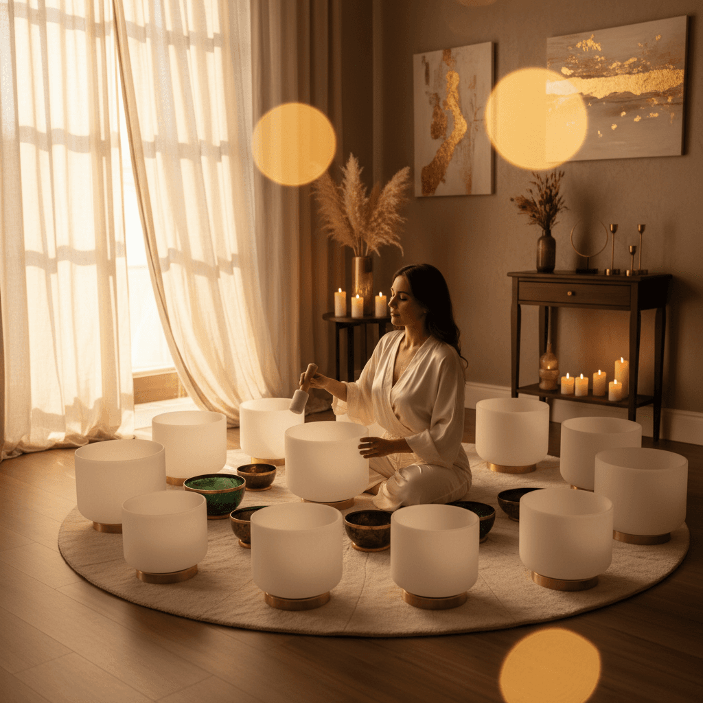 Eine Frau entspannt sich während einer Klang-Wellness-Sitzung bei Soul Art Dubai, geleitet von Larissa Steinbach, symbolisierend geschlechtsspezifische Unterstützung in der Genesung.