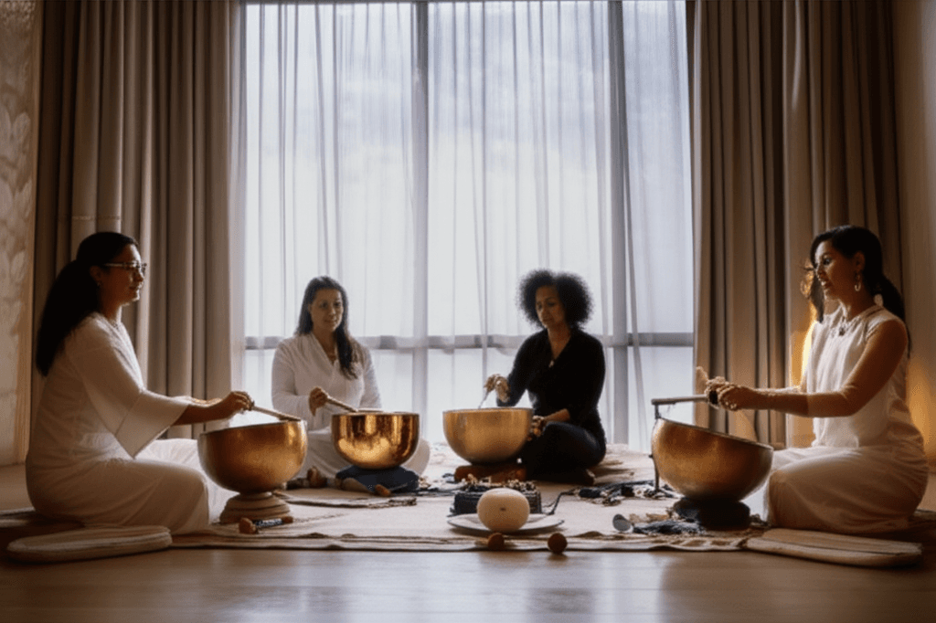 Larissa Steinbach von Soul Art Dubai leitet eine Klang-Wellness-Sitzung für eine entspannte Führungskraft, die Work-Life-Integration und ganzheitliches Wohlbefinden fördert.