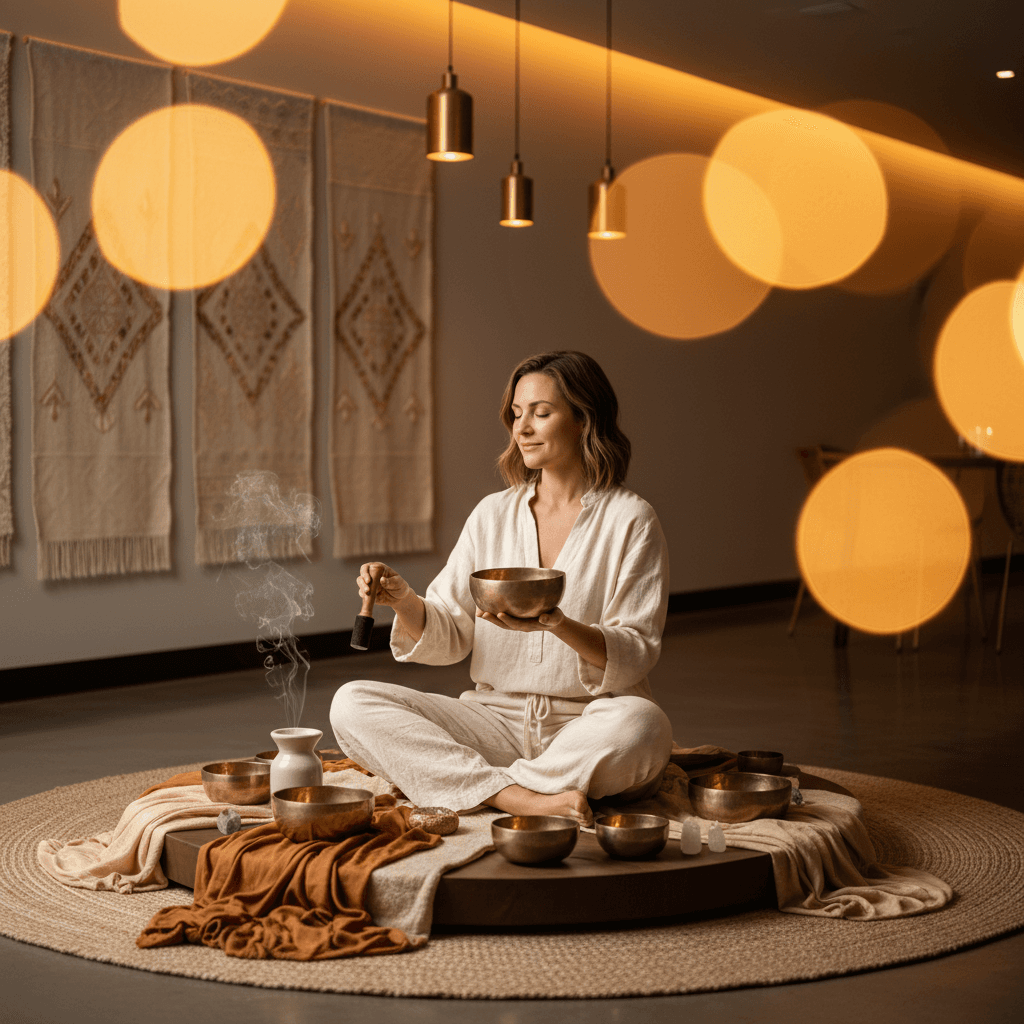 A person meditating in a serene, luxurious sound wellness studio with glowing crystal bowls and gongs, symbolizing the Soul Art experience in Dubai. Larissa Steinbach's expertise guides clients towards stress relief and mindful transitions.