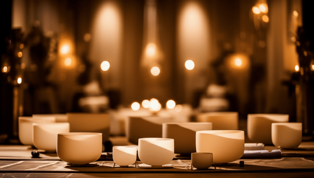 A person meditating during a sound wellness session, surrounded by crystal singing bowls, representing the Soul Art approach by Larissa Steinbach to workaholic recovery and setting sound boundaries.