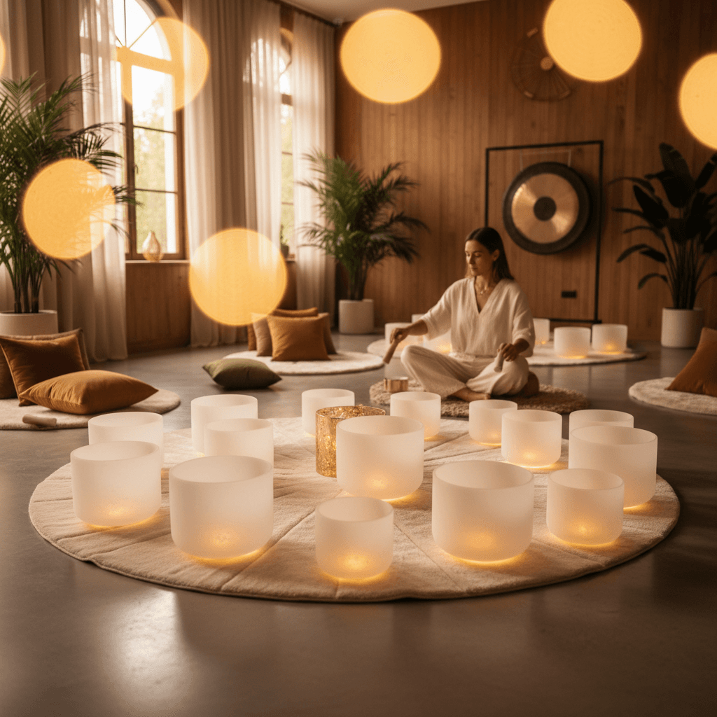 Larissa Steinbach guiding a sound wellness session at Soul Art Dubai, enhancing cognitive focus and creative writing flow through resonant sounds.