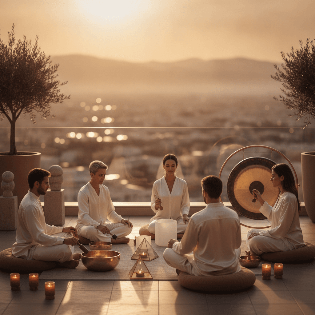 Larissa Steinbach leading a Soul Art corporate sound bath session, utilizing singing bowls and gongs for year-end team wellness and renewed focus.