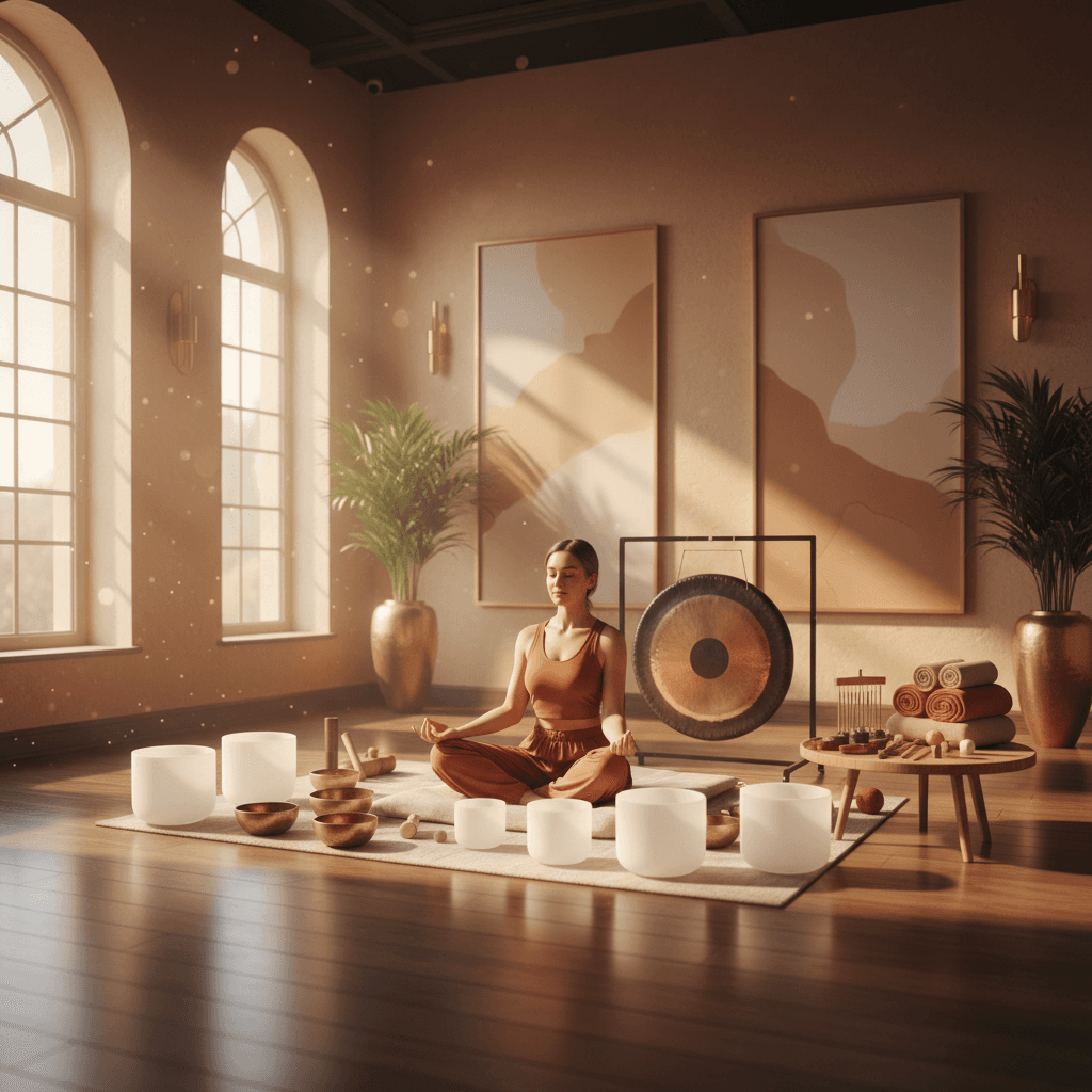 Larissa Steinbach of Soul Art Dubai guiding a sound healing session in a serene studio, demonstrating the scientific synergy of yoga and sound for deep relaxation and holistic wellness.