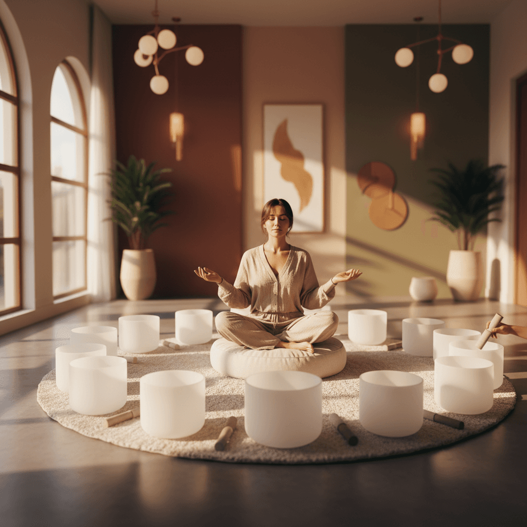 A tranquil image of crystal singing bowls glowing in a serene studio, representing the healing vibrations at Soul Art, founded by Larissa Steinbach, supporting youth wellness journeys.