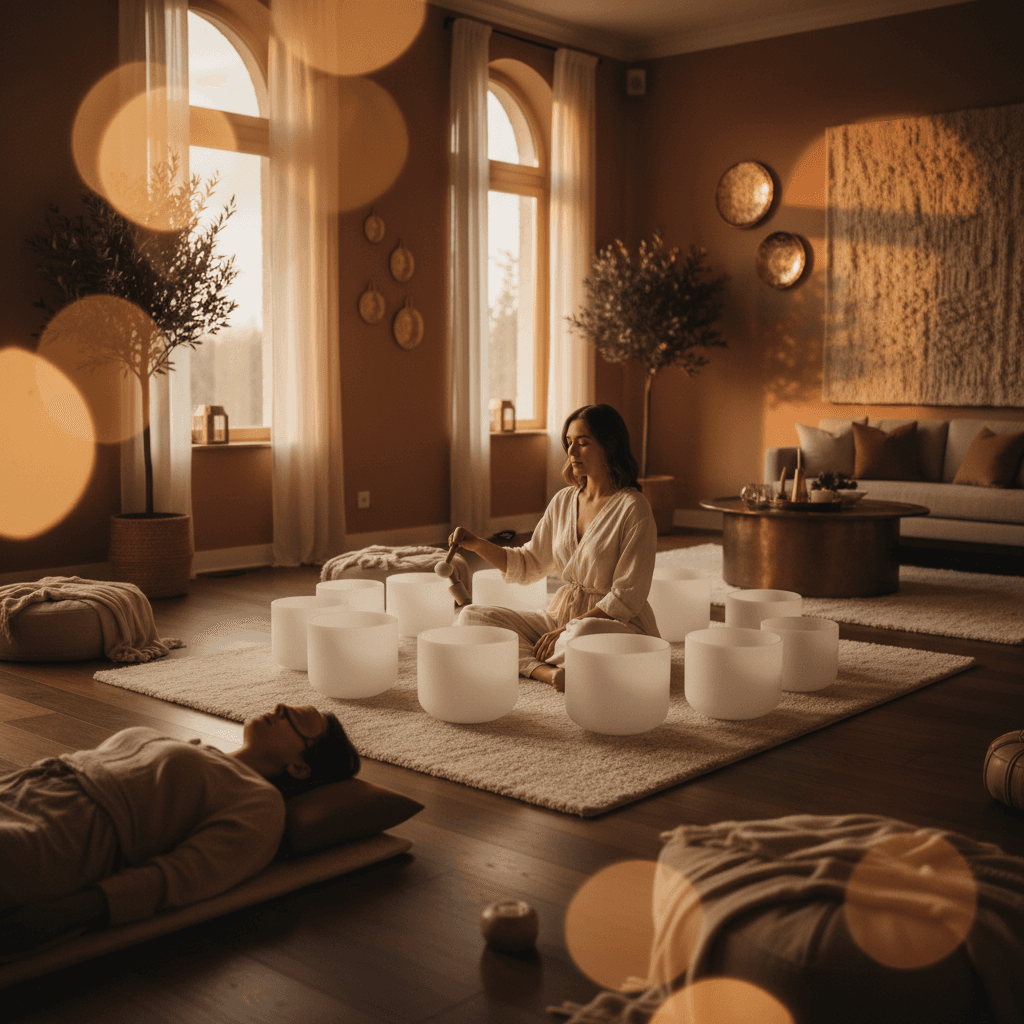 A person in a meditative pose with headphones, surrounded by gentle light and abstract sound waves, symbolizing YouTube sound healing for relaxation and wellness, a concept championed by Larissa Steinbach at Soul Art Dubai.