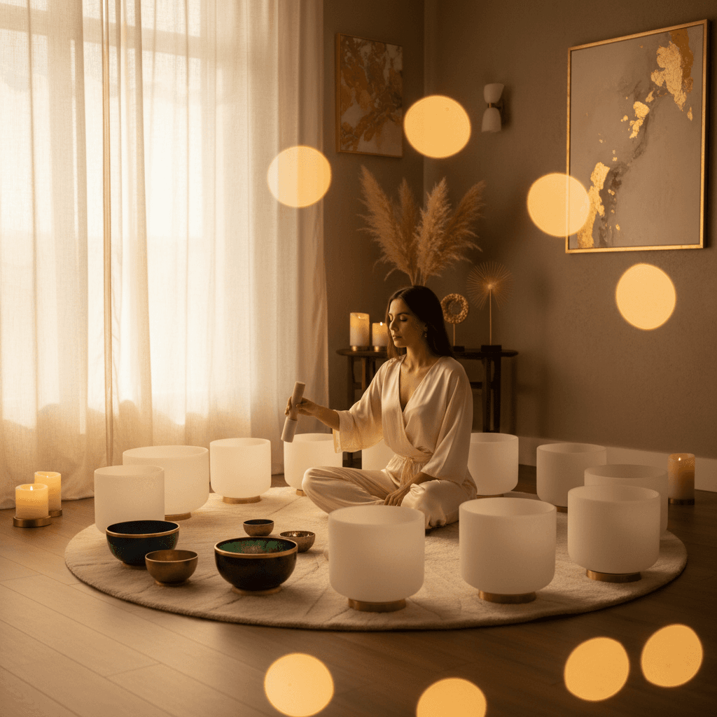 Eine Frau mit geschlossenen Augen meditiert mit Kopfhörern vor einem Laptop, während weiches Licht sie umgibt. Beschriftet mit 'Soul Art Dubai' und 'Larissa Steinbach' für optimale Zoom-Klangreise-Erlebnisse.